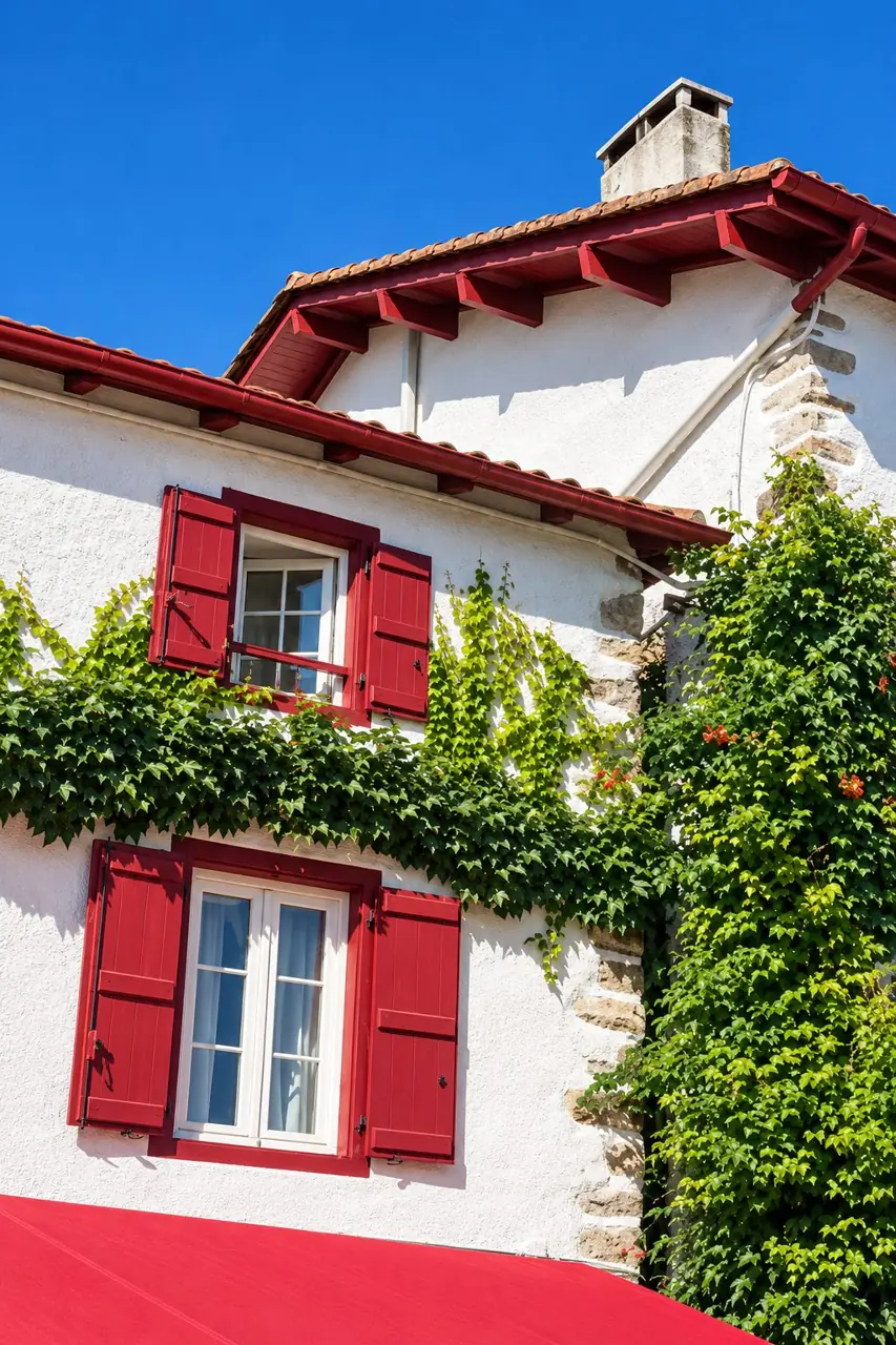 Maison blanche aux volets rouges et vigne vierge